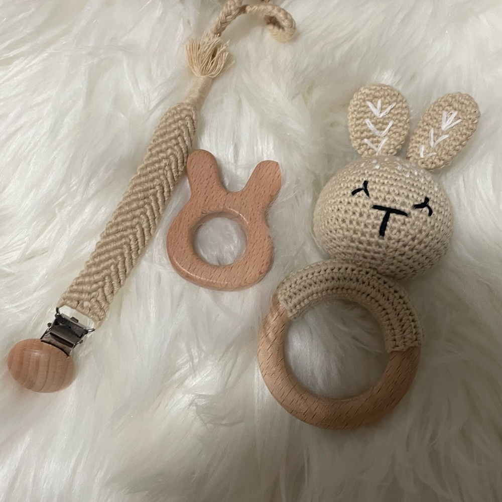 3 baby wooden rattle set